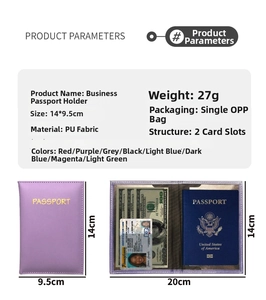 Detailed specifications of the purple PU leather business passport holder with dimensions