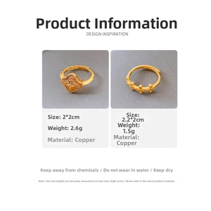 Detail view of gold flower rings with dimensions and copper material specifications