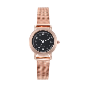 Women's rose gold mesh band quartz watch with black dial and white Arabic numerals