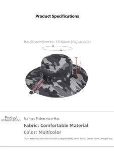 Detailed view of camouflage sun hat size specifications and breathable mesh structure