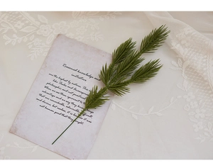 Macro detail of artificial green pine branch with realistic needle texture on vintage paper
