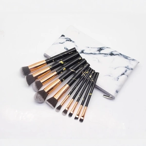 10pcs marble pattern makeup brush set with matching pouch and rose gold ferrules