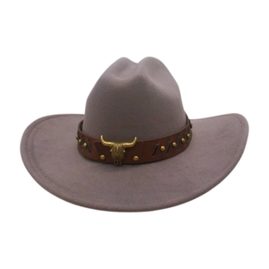 Detail of taupe western cowboy hat with brown leather band and bull head metal buckle