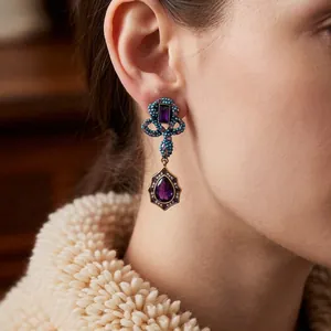 Vintage water drop purple crystal earrings with turquoise accents in antique gold setting