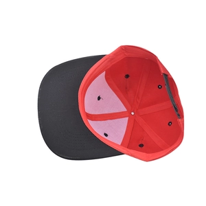 Detail view of the red and black hip hop cap showing adjustable snapback and inner structure