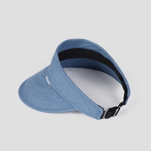 Side view of a blue denim sun visor showing the adjustable strap and inner lining