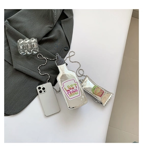 Detailed view of creative silver sauce bottle shaped crossbody bag and matching mini pouch