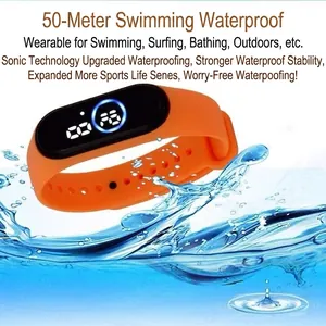 Waterproof orange LED sport watch with black digital dial and 50m water resistance