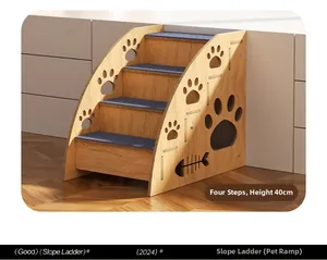 Detail of 40cm wooden pet stairs with 4 steps and blue non-slip felt for small dogs