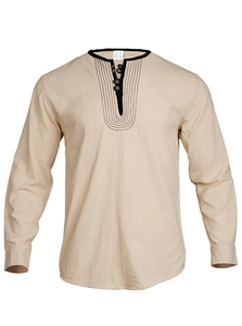 Macro shot of linen fabric texture and collar labels on beige Henley long sleeve shirt
