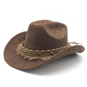 Dark brown suede cowboy hat with bohemian woven band, metal chain and fringe tassels