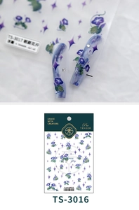 Détails macro des stickers ongles 5D TS-3016 avec fleurs de gloire du matin et feuilles