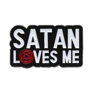 Gothic Satan Loves Me enamel pin badge with red pentagram on black metal background