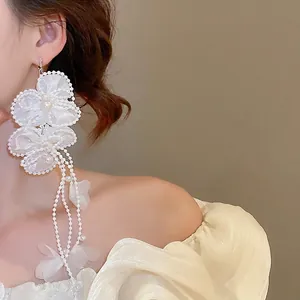 Elegant white chiffon flower petal earrings with hanging pearls and tassel long fringe