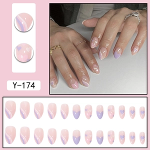 Short almond press-on nails set with purple heart patterns and wavy lines