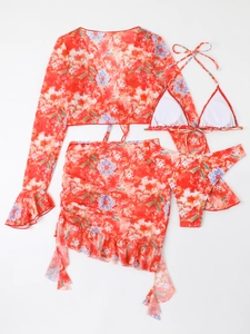 Detail view of the four-piece floral swimsuit including mesh top and ruffled mini skirt