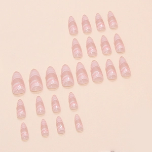 Pink and white marble almond press-on nails with shiny finish 24 piece set