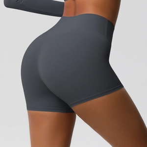 Close-up of high-waist yoga shorts in dark grey with butt-lifting and quick-dry fabric