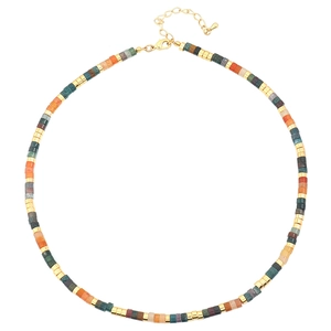 Bohemian colorful natural stone beaded collar necklace with gold accents on white background
