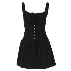 Detail of black camisole dress with pleated bust, front ties, and six buttons design