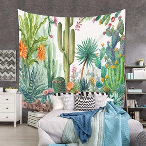 Detail of bohemian tapestry featuring realistic cactus and succulent desert plant design