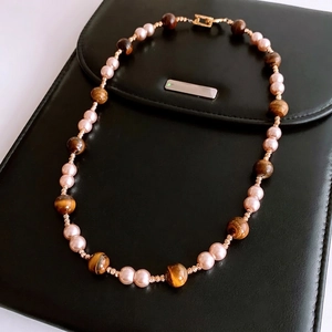 Beaded Necklace Tiger Eye Stone Imitation Artificial Pearl Copper Zircon Retro Luxury Style Jewelry For Women