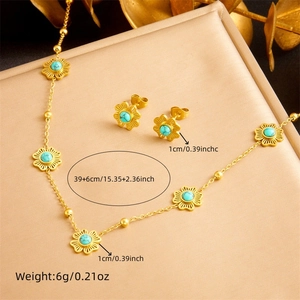Gold plated stainless steel necklace and earrings set with turquoise flower charms