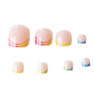Rainbow striped French tip press-on toenails in gradient sizes on white background