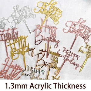 Happy Birthday Cake Topper Mirror Acrylic Heart Star Design Birthday Party Baking Decoration Accessory Elegant Dessert Sign
