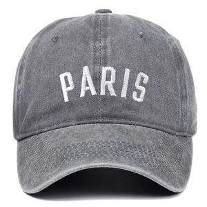 Washed dark gray cotton baseball cap with white PARIS embroidery and classic curved brim