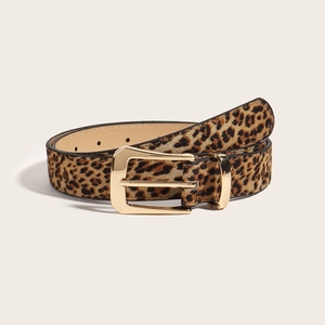Women's vintage leopard print belt with a gold square metal buckle on a beige background