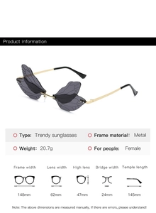 Detailed size specifications for rimless butterfly wing sunglasses with gold metal frame