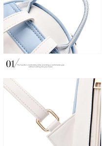 Detail of blue and white faux leather backpack featuring comfortable handle and metal hardware