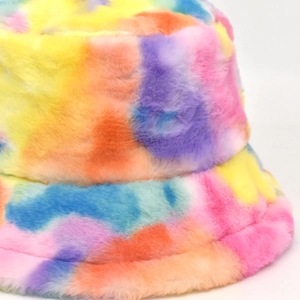 Rainbow tie-dye faux rabbit fur bucket hat with thick plush texture for winter warmth