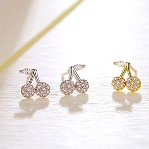 Elegant cherry shaped 925 silver stud earrings with sparkling cubic zirconia crystals