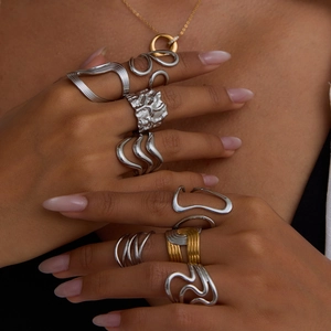Minimalist stainless steel ring set for women with polished organic streamline designs