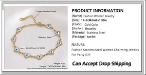 Detailed spec sheet showing gold stainless steel heart evil eye bracelet dimensions