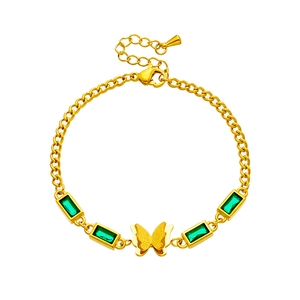 Golden butterfly bracelet featuring rectangular green gemstones and adjustable chain