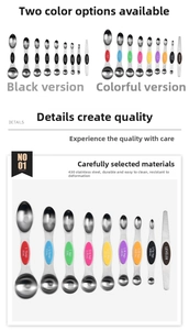 Macro detail of magnetic dual-sided stainless steel measuring spoons with engraved scales