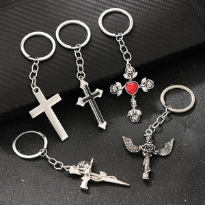 Gothic style silver metal cross keychains with rose and red rhinestone accents