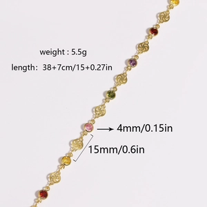 Detailed view of gold necklace with multi-colored 4mm zircon stones and size specifications
