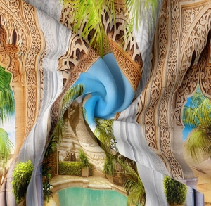 Detail der Stofftextur des Wandteppichs mit exotischen Torbögen und Palmengarten-Druck