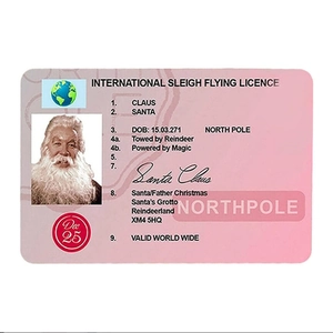 Pink Santa Claus sleigh flying license card on white background for Christmas gift