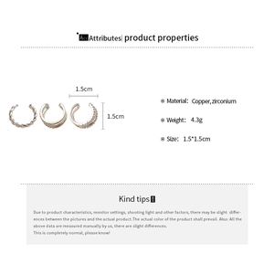 Detailed view of silver cuff earrings set with cubic zirconia and size dimensions