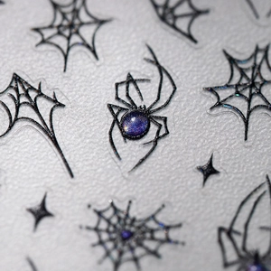 Spider and web nail stickers with purple holographic glitter on silver textured base