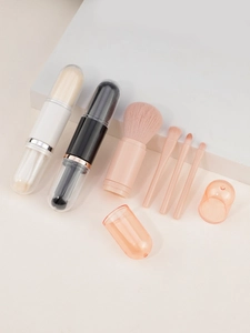 Detail of 4-in-1 portable makeup brush set with dustproof capsule lids and soft bristles