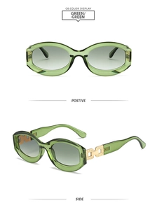 Détails de lunettes de soleil ovales vertes avec branches chaîne dorée sur blanc