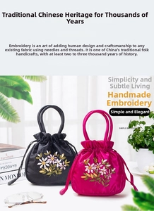 Detailed view of floral embroidery on drawstring handbags with silk texture and handles