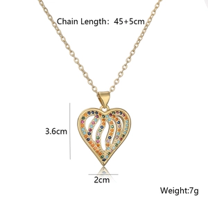 Gold hollow heart pendant necklace with colorful zircons, size 3.6x2cm, weight 7g