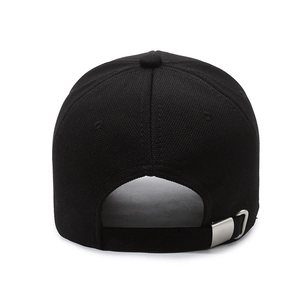 Rear view of black vintage embroidered baseball cap with adjustable metal buckle strap